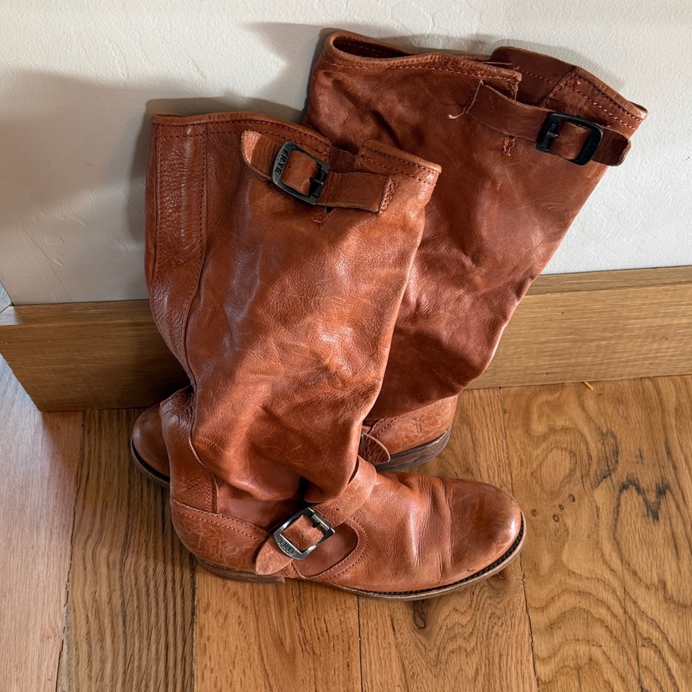 Frye Cognac Leather Buckle Boots